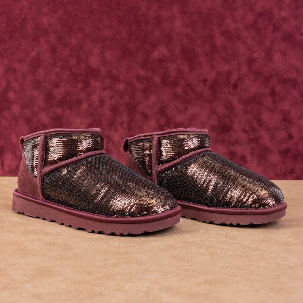 UGG Women Ultra Mini Mirror Burgundy Glitter Winter Ankle Boots sz 6